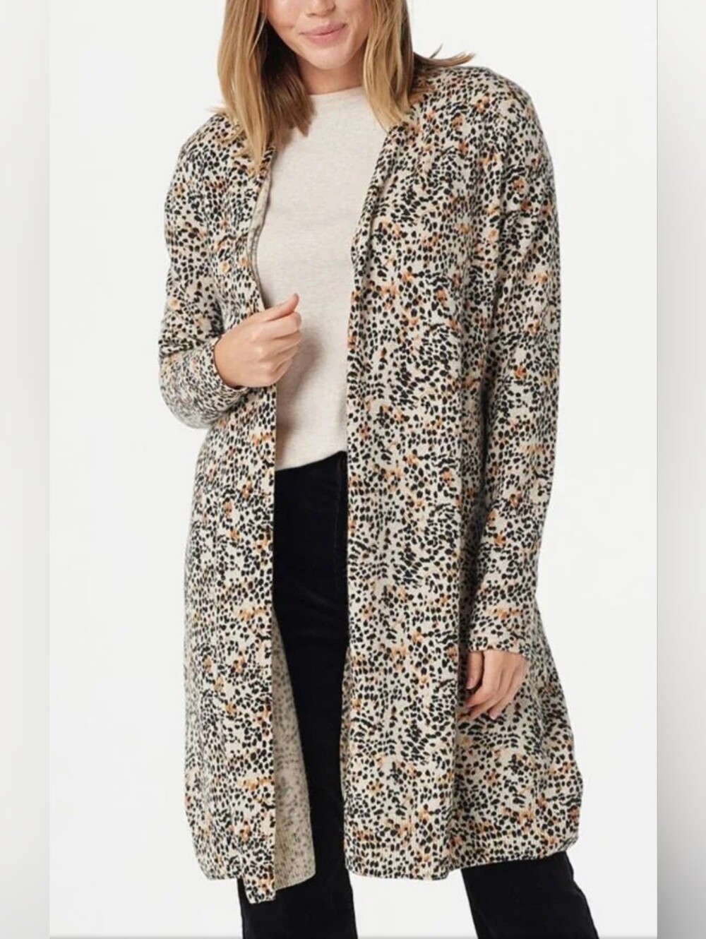 Soft by Naadam 100% Cashmere Leopard Printed Duster Cardigan Size M Open Front